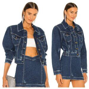 Retrofete Destiny Dark Blue Distressed Cropped Padded Shoulder Denim Jean Jacket